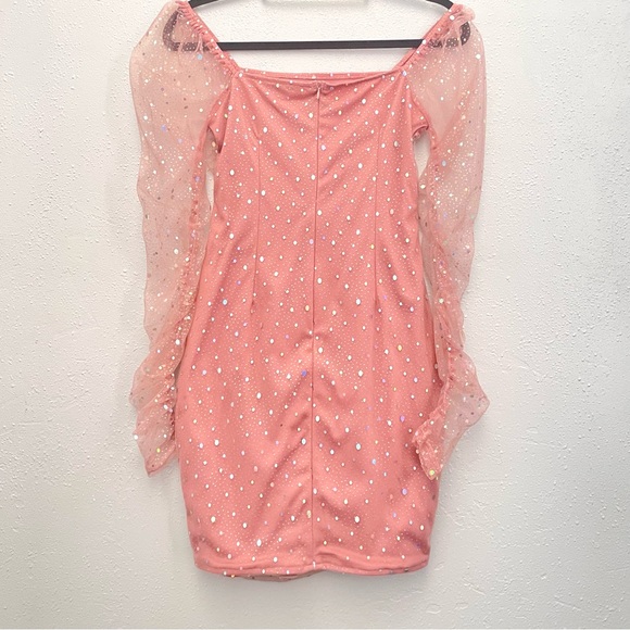 Double Crazy Dusty Pink Square Neck Contrast Sequin Mesh Bodycon Dress - Picture 7 of 10